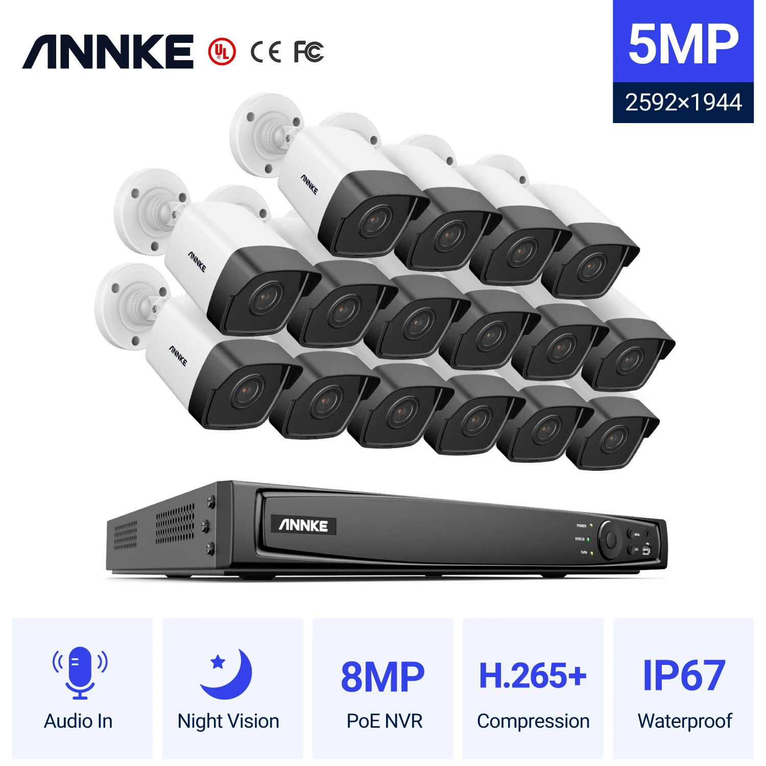 ANNKE H.265+ 4K 16Ch POE NVR Security Camera NVR System 16pcs 5MP CCTV Camera Kit with Audio with 8TB Hard Drive