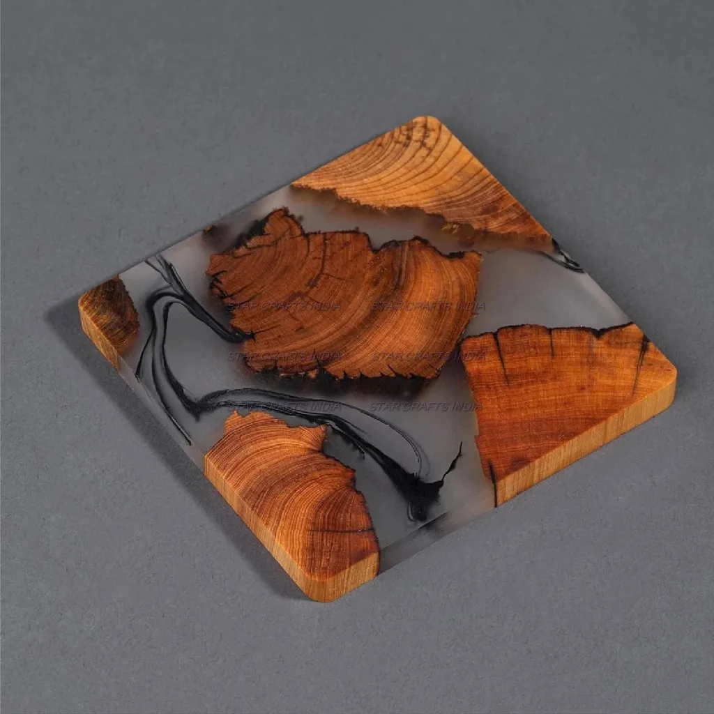 New Design Custom Logo Wood And Resin Round Shape Blue and white Color Zig zag Design Coasters Set Manufacturer Unique Quality