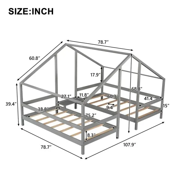 Double Twin Size Triangular House Beds with Built in Table Gray for Kids OEM Supplier from Vietnam Following Your Brand