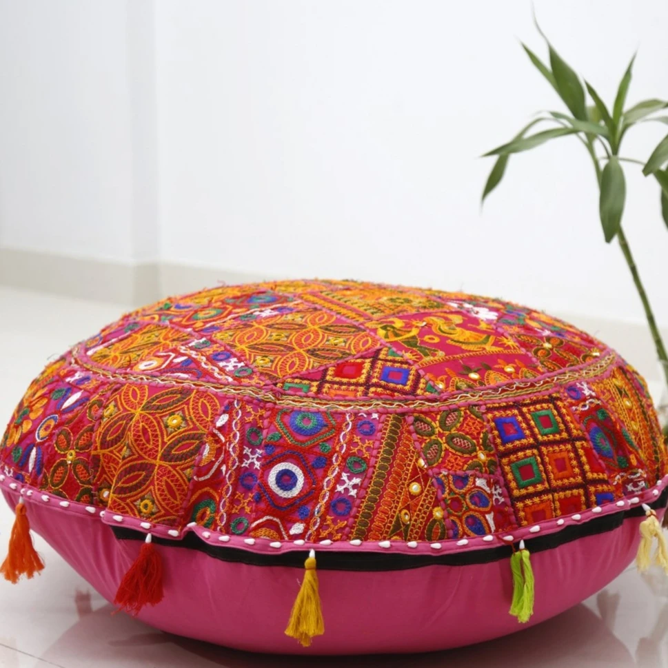 Handmade Decorative Floor Cushion Cover Patchwork Gujarati Round Cushion Party Decor Floor pillow Home Decor Khambadiya Cushion