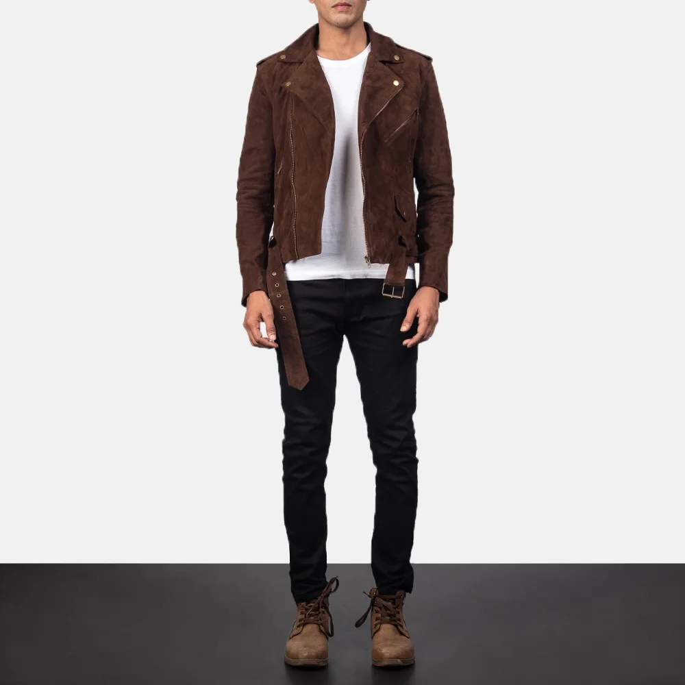 Men Suede leather  biker jacket/OEM custom dark brown suede leather jacket/Wholesale genuine suede fashion biker leather jacket