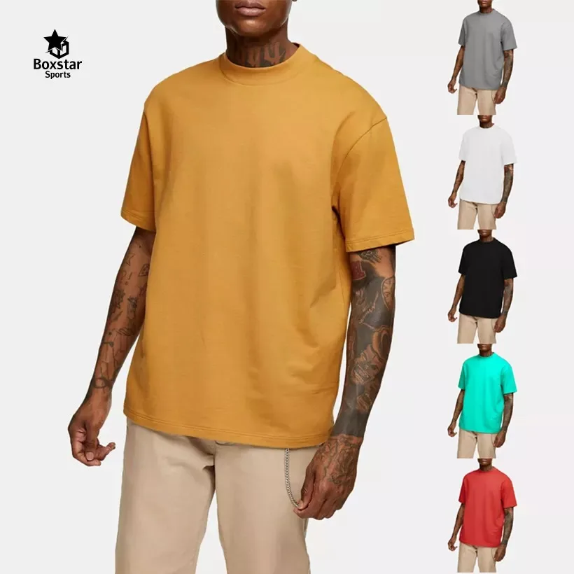 High Neck Solid T-shirts Men Oversized Short Sleeve Tee Streetwear Blank Thick  Cotton T shirts