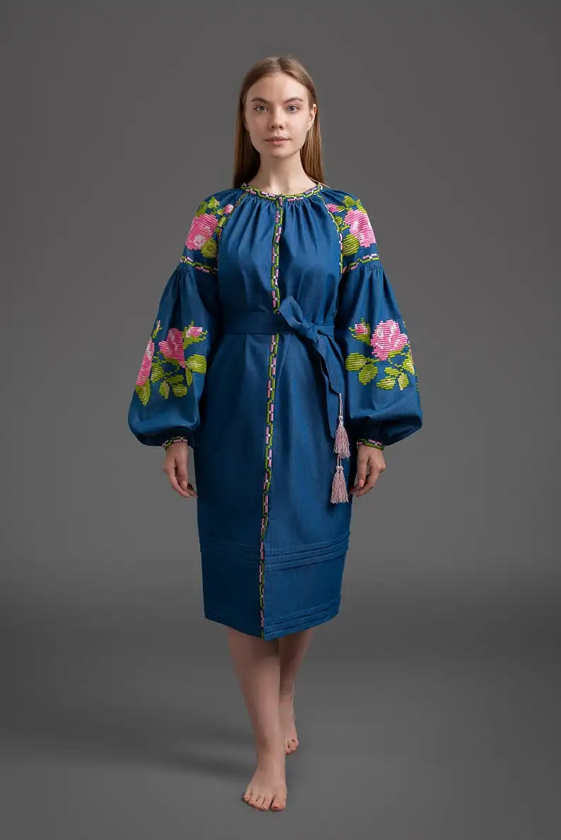 Beautiful & Elegant Ukrainian Style Embroidered Midi Dress Red & Black Embroidered Holidays Casual Maxi Dresses