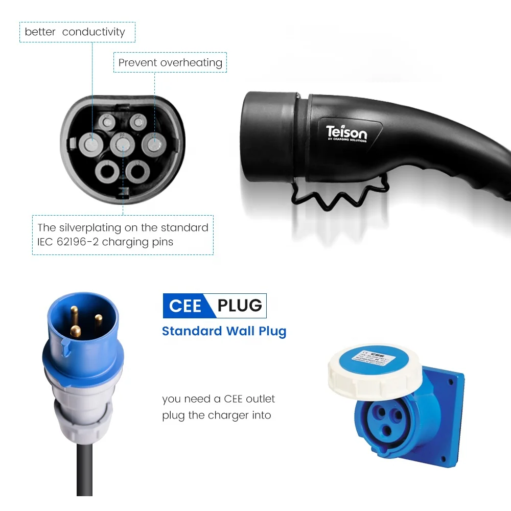 Teison 32A type 2 plug portable ev fast battery charger evse wallbox station china