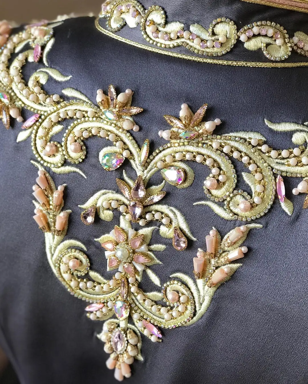 Beautiful Black traditional Moroccan-style dress often worn by Algerian brides, consisting of an inner and outer dress with prec