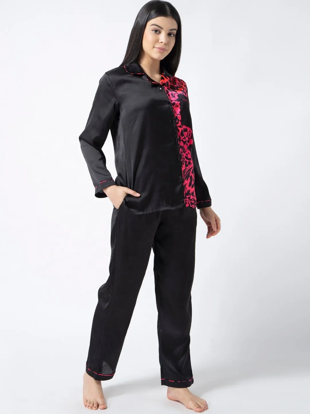 Custom Summer black long Sleeve Plus Size Silk Pajama Set, Ladies Tops trouser Satin Sleepwear Pajama Set Women