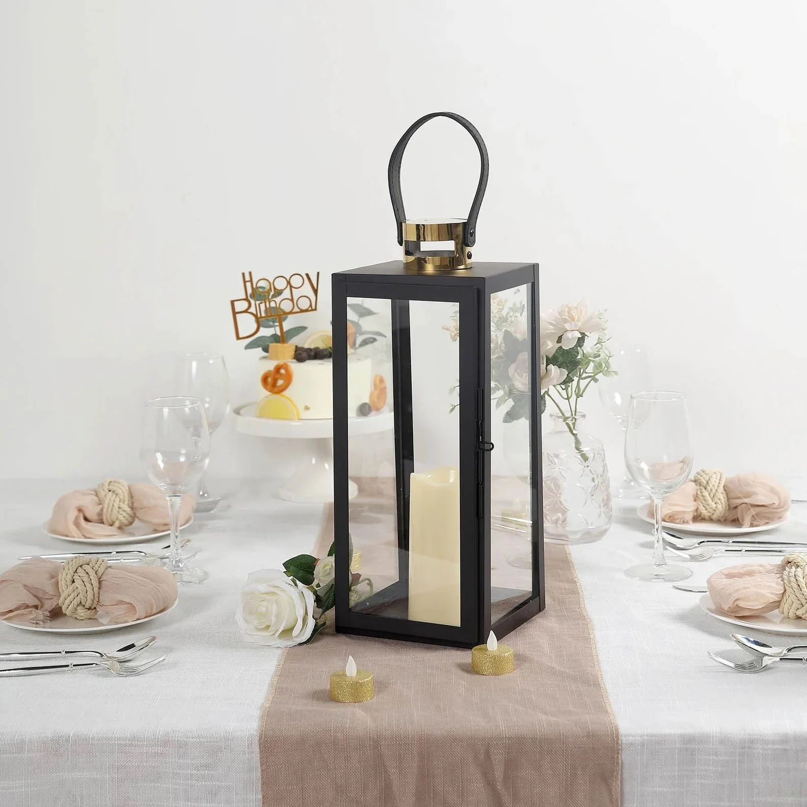 Modern Black Metal Lantern Candle Holder Lantern- Hanging or Tabletop (Set of 3)