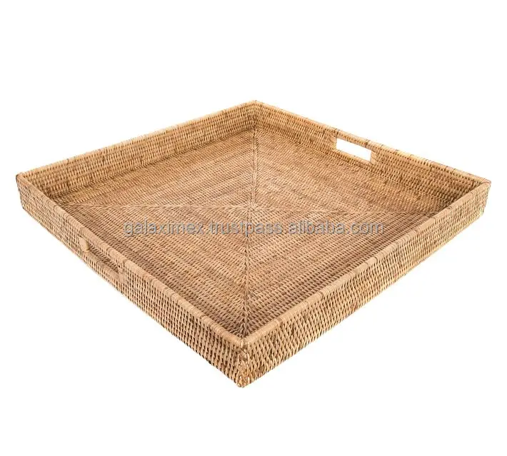 Round Square Natural Rattan Serving Tray with for Food Storage Kitchen Organization for Fruit Basket
