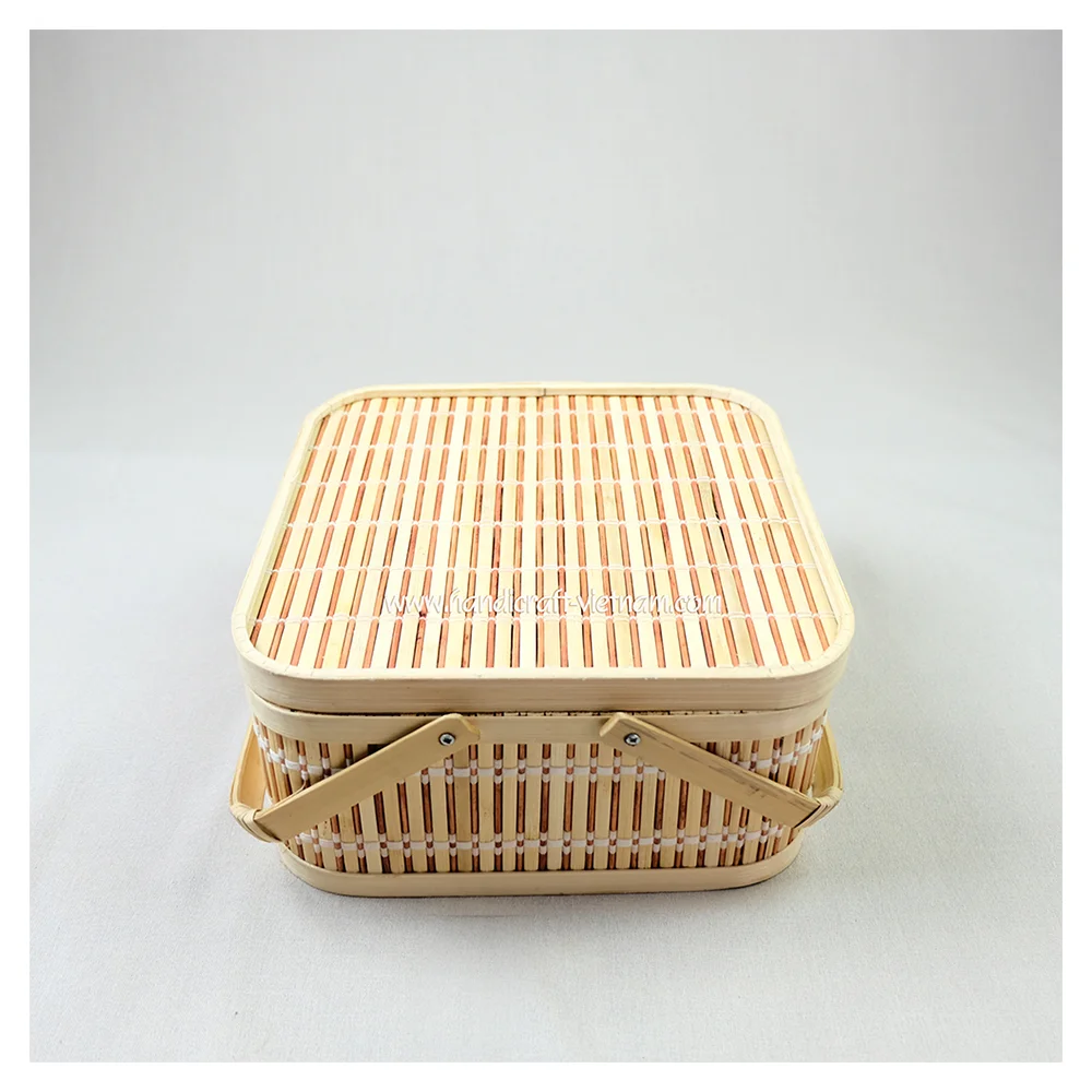 Bamboo Picnic Basket with Double Folding Handles, Natural Woven Basket, Gift Packing Woven Basket