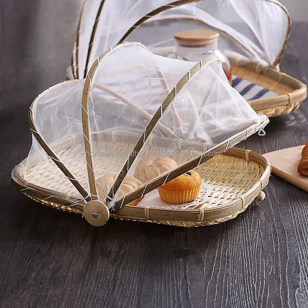 Cheapest fruit basket cover products bamboo food tent handmade collapsible woven wicker serving baskets Dustproof-Bug-Proof