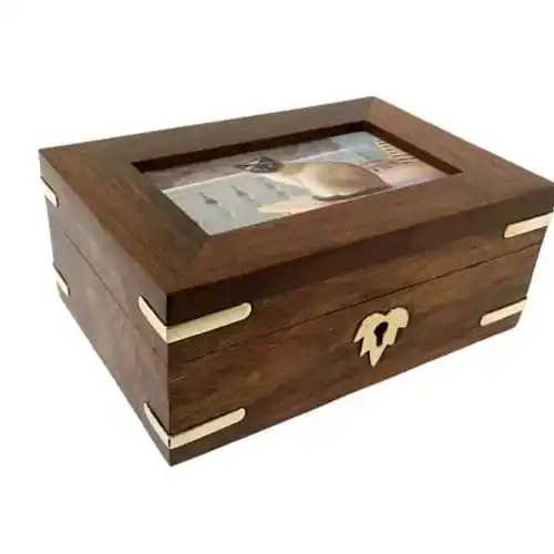 wooden hand made brown with metal corners rectangle shape memorial urns