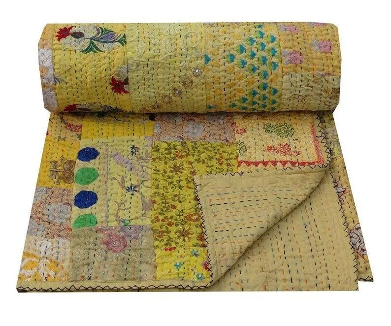 Желтое Хлопковое одеяло ручной работы Kantha богемное Kham badiya двухстороннее покрывало для кровати размера Queen-Size лоскутное этническое