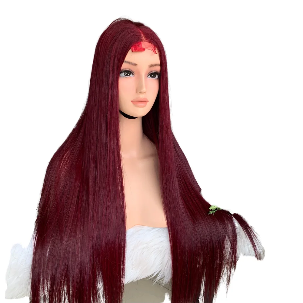 Wholesale 99j Burgundy Wine Red Bone Straight Wig Closure 2x6 150 density HD Lace Wigs For Black Women Vietnamese Human Hair 12A