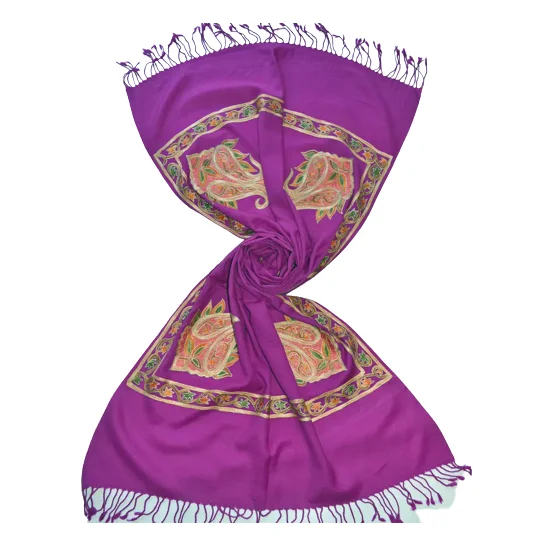 Buy 100% Wool Embroidered Shawl Type Scarf Kashmiri Design Purple Color (Merino 2/56) Winter Shawl For Women Wear