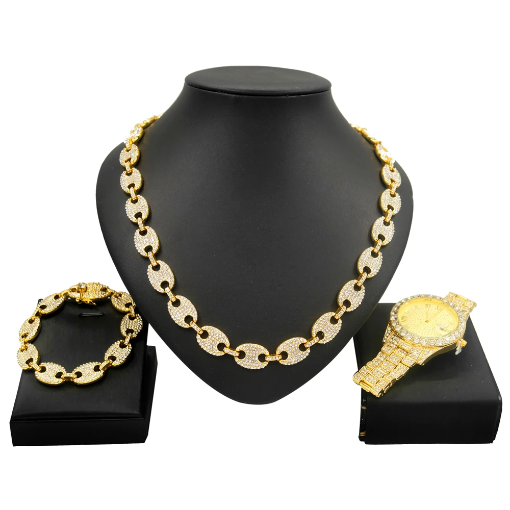 Zhuerrui 24k Gold Plated Dubai Chain Design Jewelry Set Fashion Body Chain Necklace Bracelet Watch Stainless Steel  HW21100149