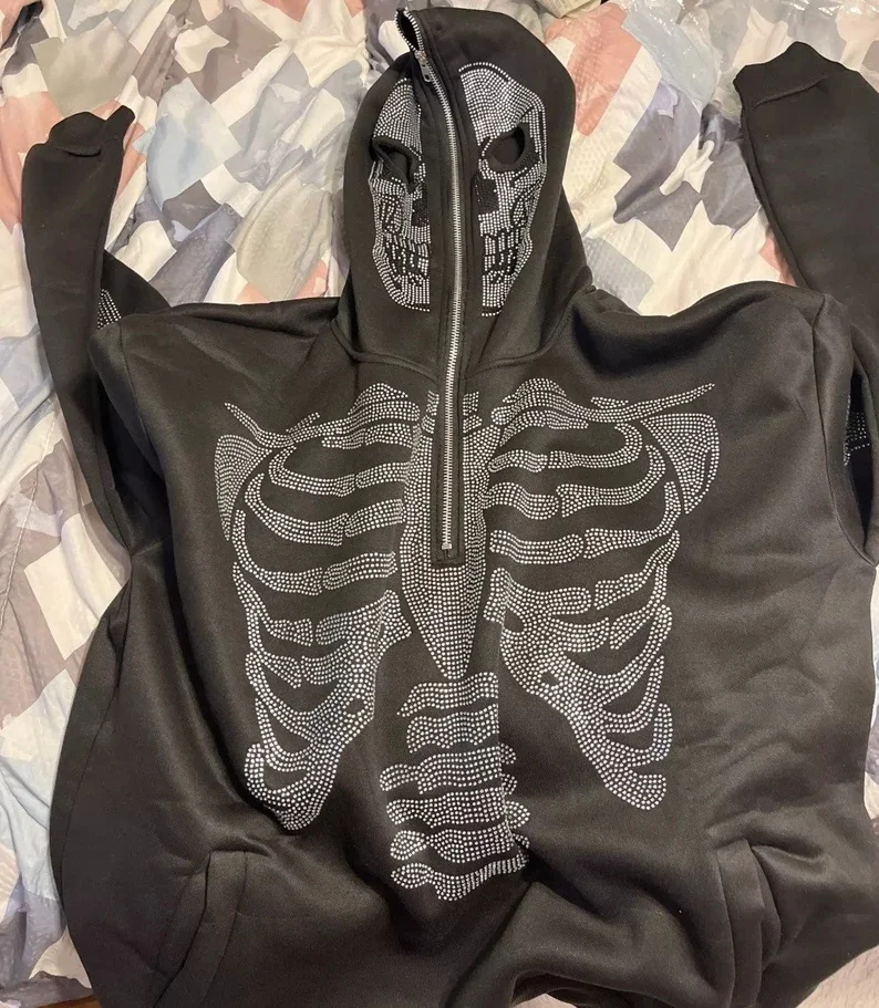 Custom street wear y2k skeleton hoodie half zipper bone skulls hoodie full face zip up rhinestone hoodie men