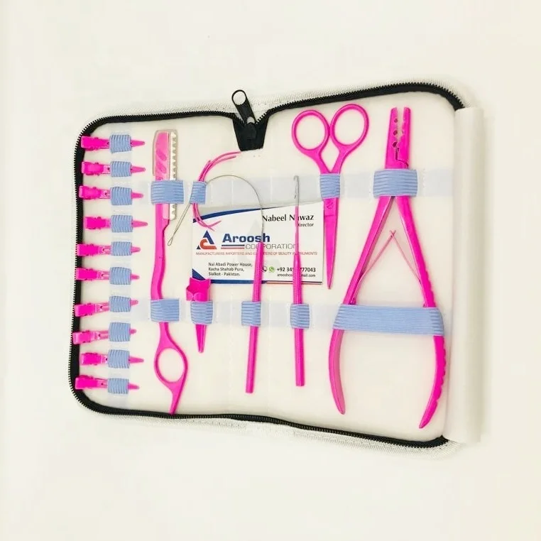 Hot Pink Stainless Steel Clip In Hair Extensions Tools Kit With Plier, Crochet Needle, Clips And Human Hair Extension