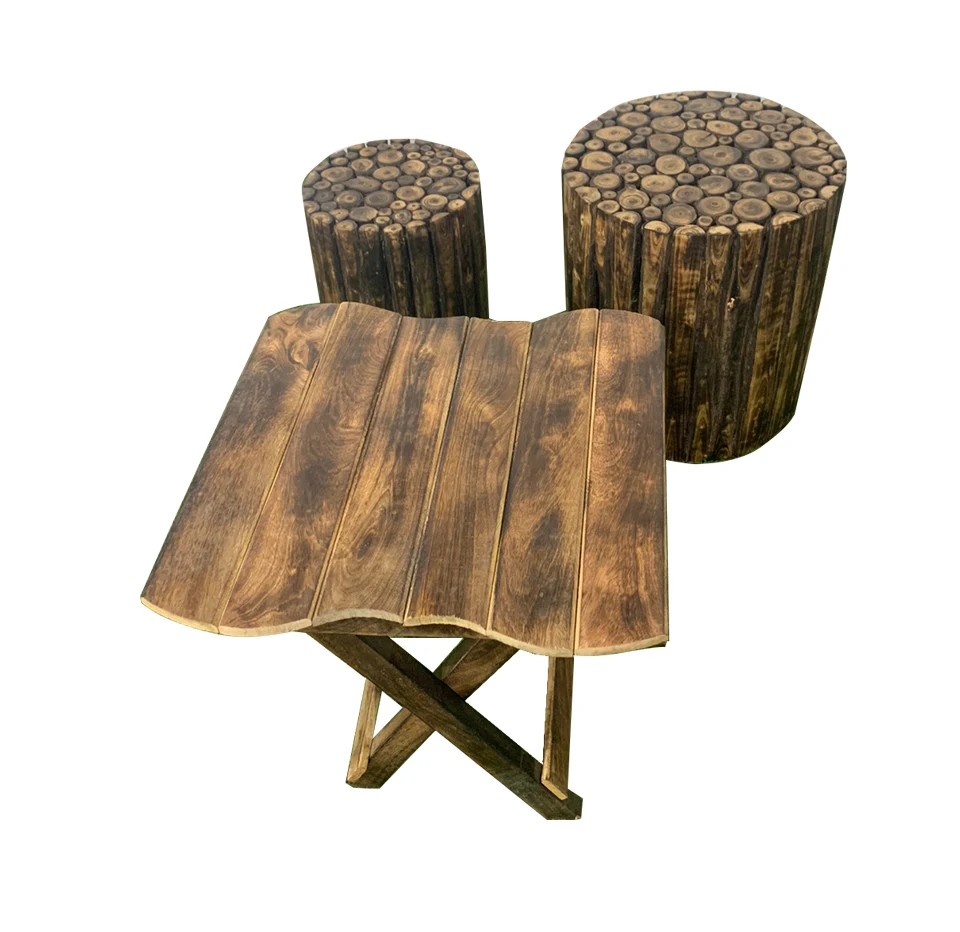 Wooden Coffee Folding Table with Round log Stool of 3 pieces For Garden Furniture For Any Living Space,hotels , Cafe ,Cafeteria