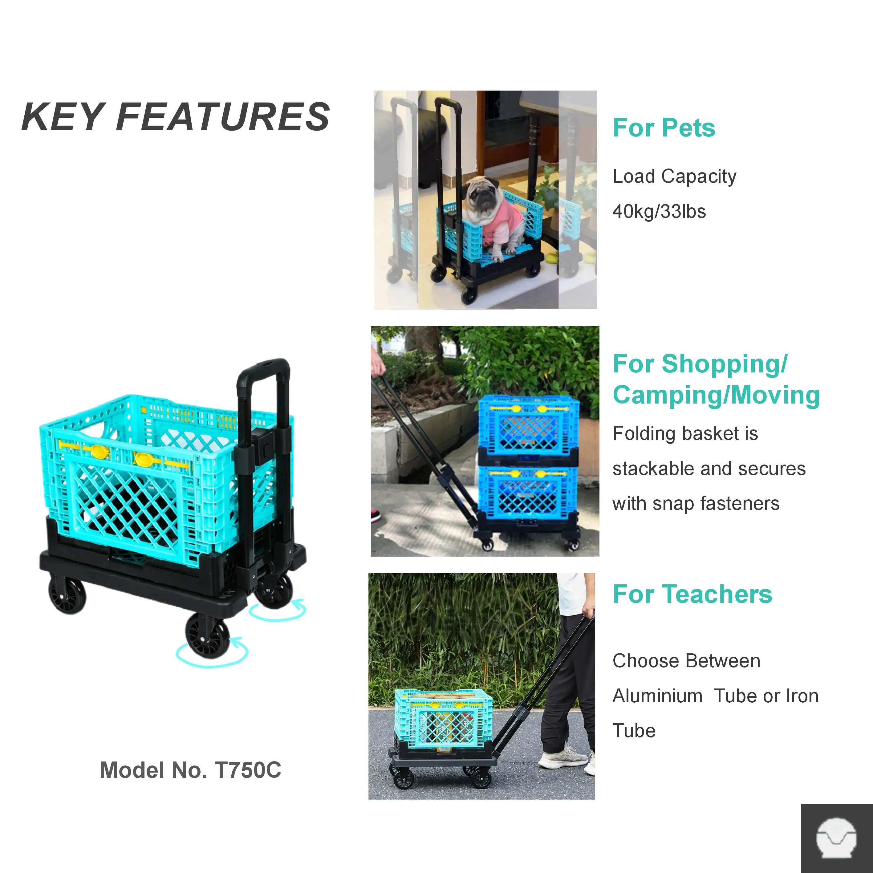 Customized Portable Hand Truck Strong Load Capacity  Shopping Cart Box Wheel Trolley Store Folding Cart