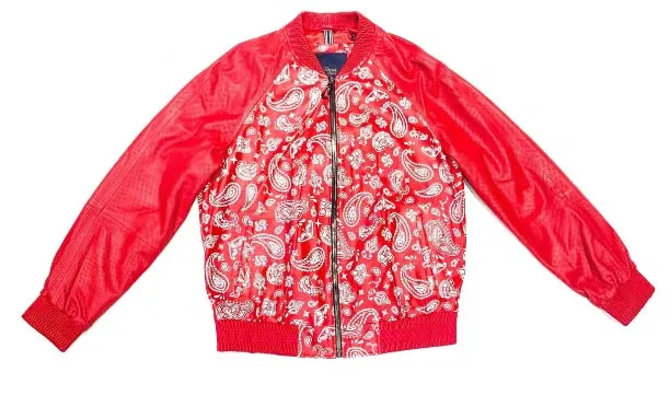 Red Cowhide Leather Paisley Print Perforated leather Sleeves Bomber Jacket
