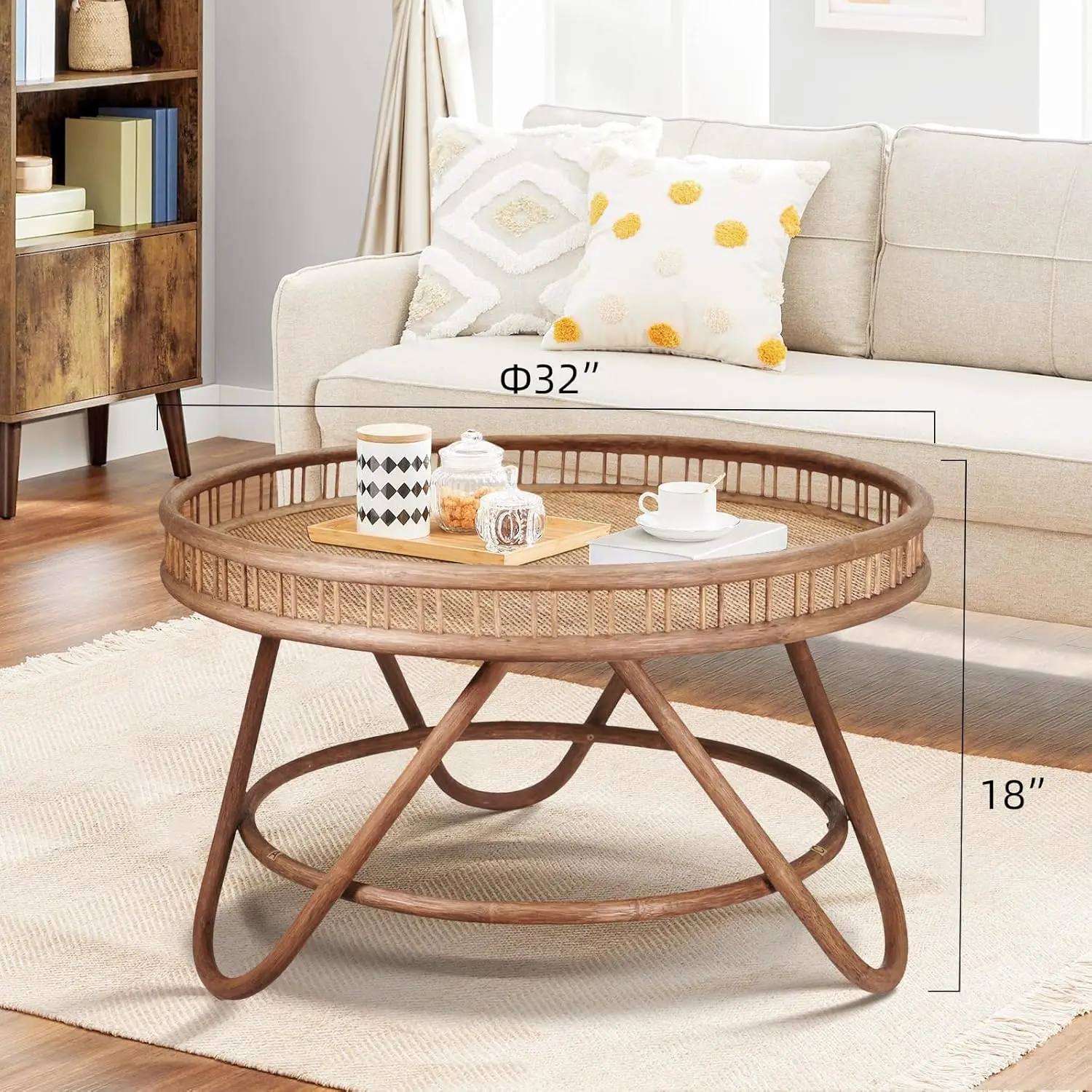 Brown Round Rattan Coffee Table 32x18', Handmade Sustainable Easy Cleaning Rattan Table for Home Hotel Coffee Shop