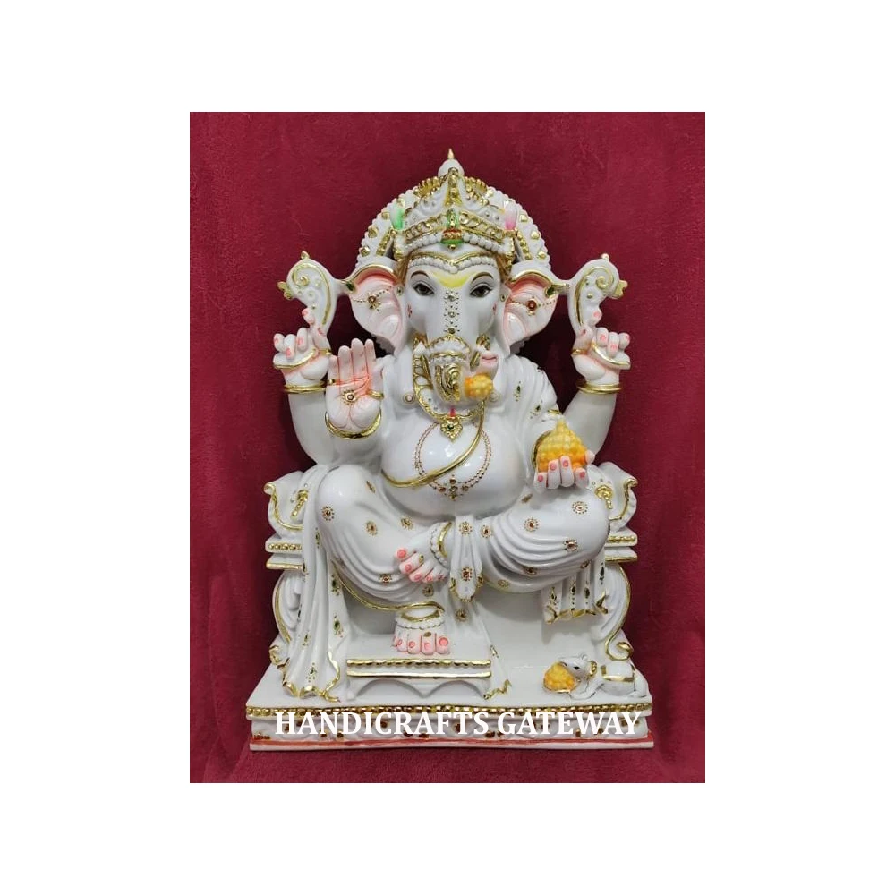 White Marble Colorful Lord Ganesha Sitting Sculpture For Home Decoration Indian God Marble Ganesha God Statue In Best Price