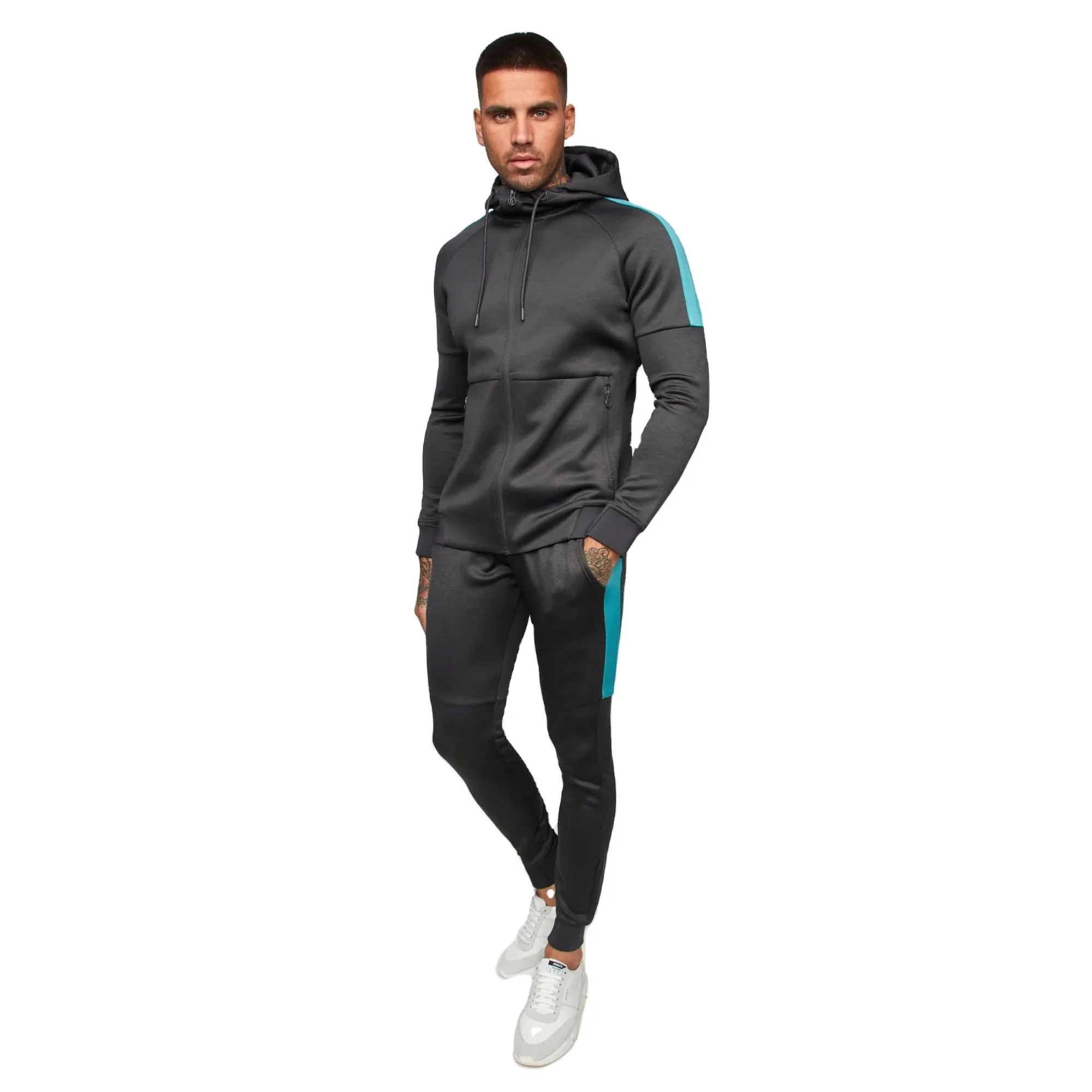 Slim Custom Fashion Fitted Printed Team Black Gym Tracksuit for Men Sport Wear Sweat wear Two Pieces Blank Sport Tracksuit Men