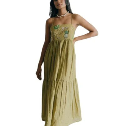 New Trendy Women Elegant Multi Tire Front Embroidered Back Design Strap Sleeves Resort Wear Long Dresses