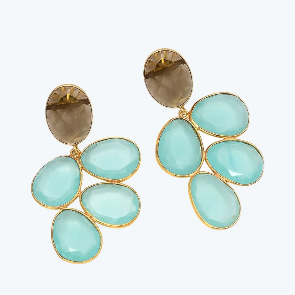 Aqua Chalcedony Gemstone  earrings Gold Plated Oval Shape Dangling Earring pairs Unique Jewelry