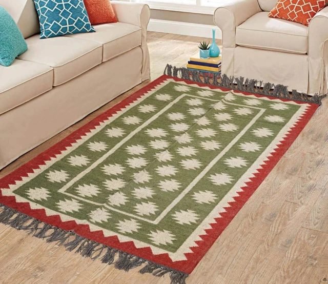Handmade Wool Jute Kilim Rug Designer Embroidered Geometric Pattern Carpet Home Hotel Boho Style Woven Carpet Living Outdoor