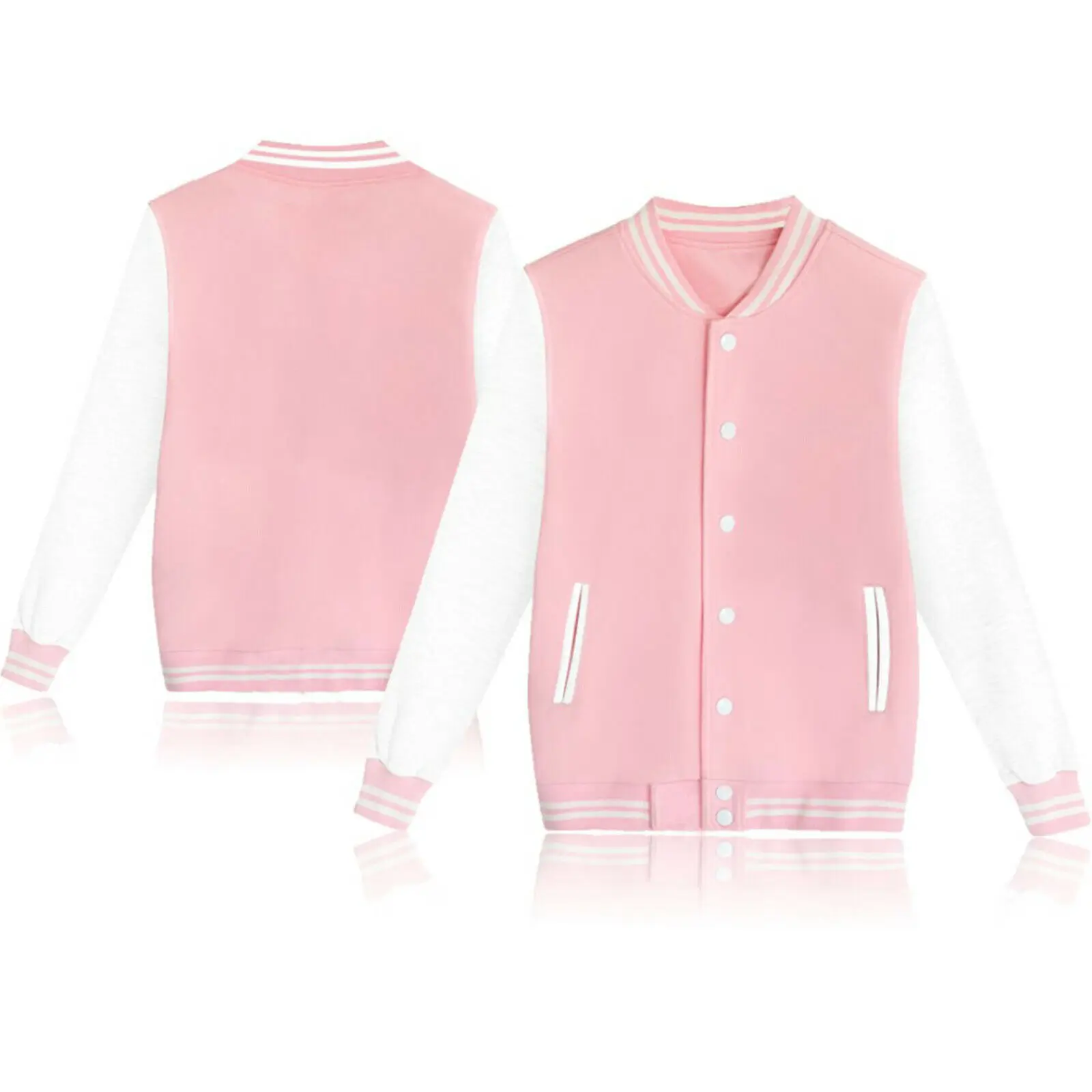 Men Baseball Jacket Button Varsity Jacket Casual Pink And White Coat Fashion Unisex American Style Varsity Letterman Jacket
