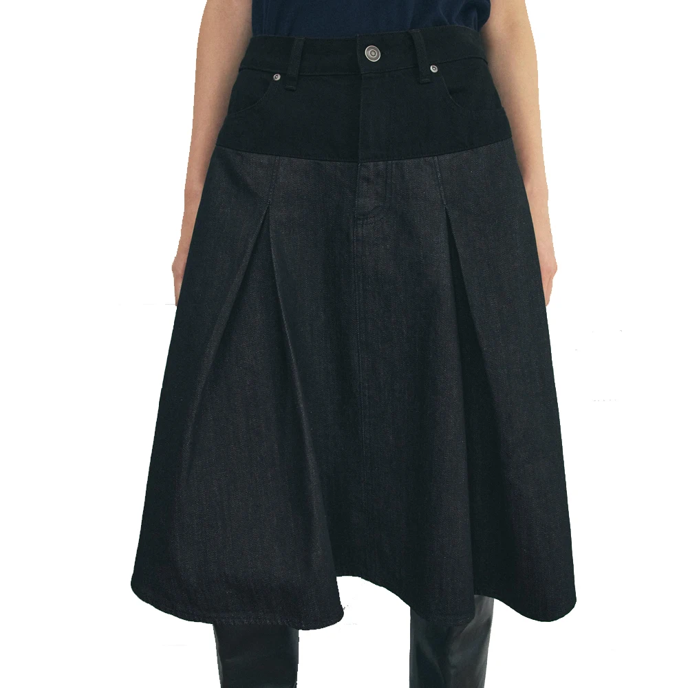 Wholesale Price Pleated Detail With Combination Fabric Women Denim Skirts / Factory Rate Mid Rise Midi Denim Skirts For Women