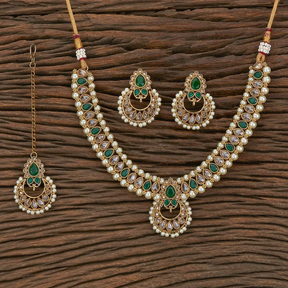 Antique Reverse Ad Stone Moti Necklace Set With Mehndi Plating 217298 Dealing in Large Scale