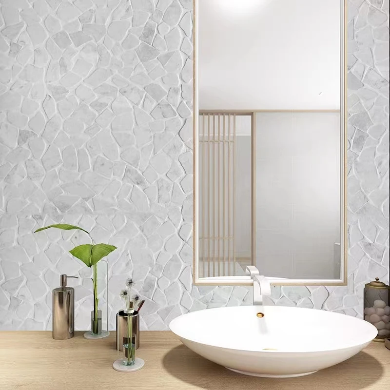 Tumbled Irregular Pebble Carrara White Marble Mosaic Tile For Wall Bathroom Swimming Pool
