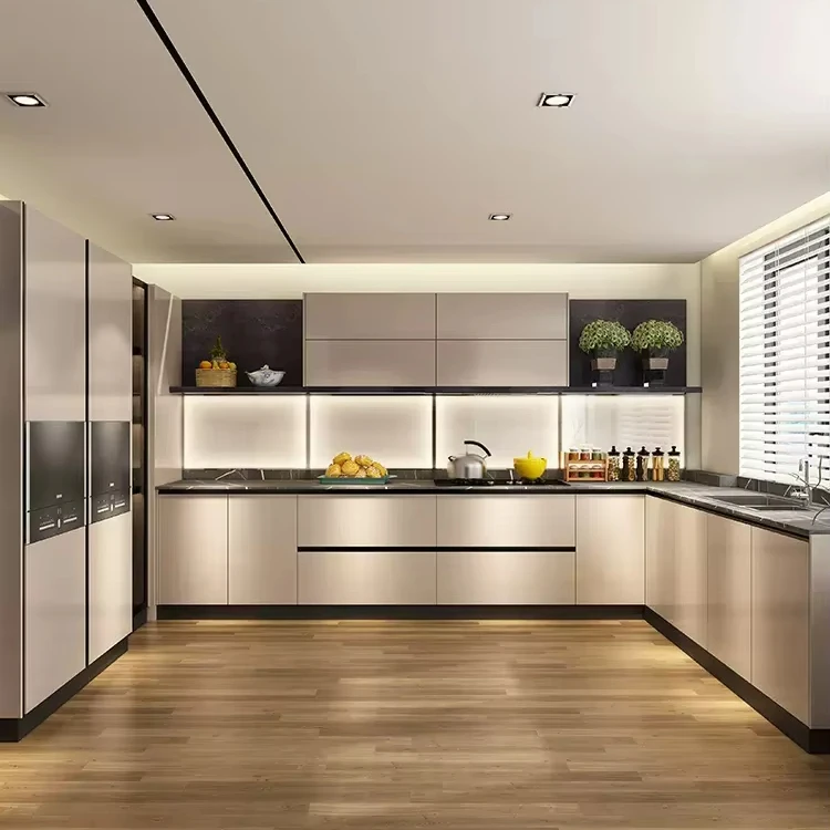high end villa project custom kitchen cabinets waterproof grey matte lacquer wooden veneer door cabinet