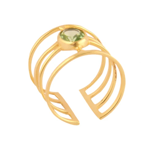 Newest collection lite green amethyst quartz statement ring designer four layered gold plated adjustable party wear woman ring