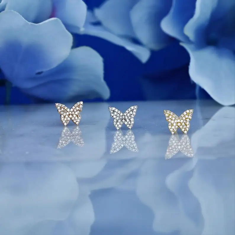 Handmade Classic Design Trendy 18k Solid Gold Genuine 100% Natural Diamond Pave Butterfly Stud Earrings For Her at Low Prices