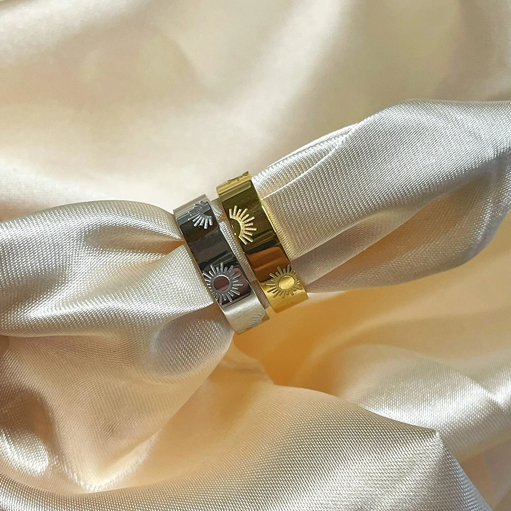 316 Stainless steel jewelry wholesale fashion solar sun image minimalist band ring 18k gold plated sunburst rings for women girl