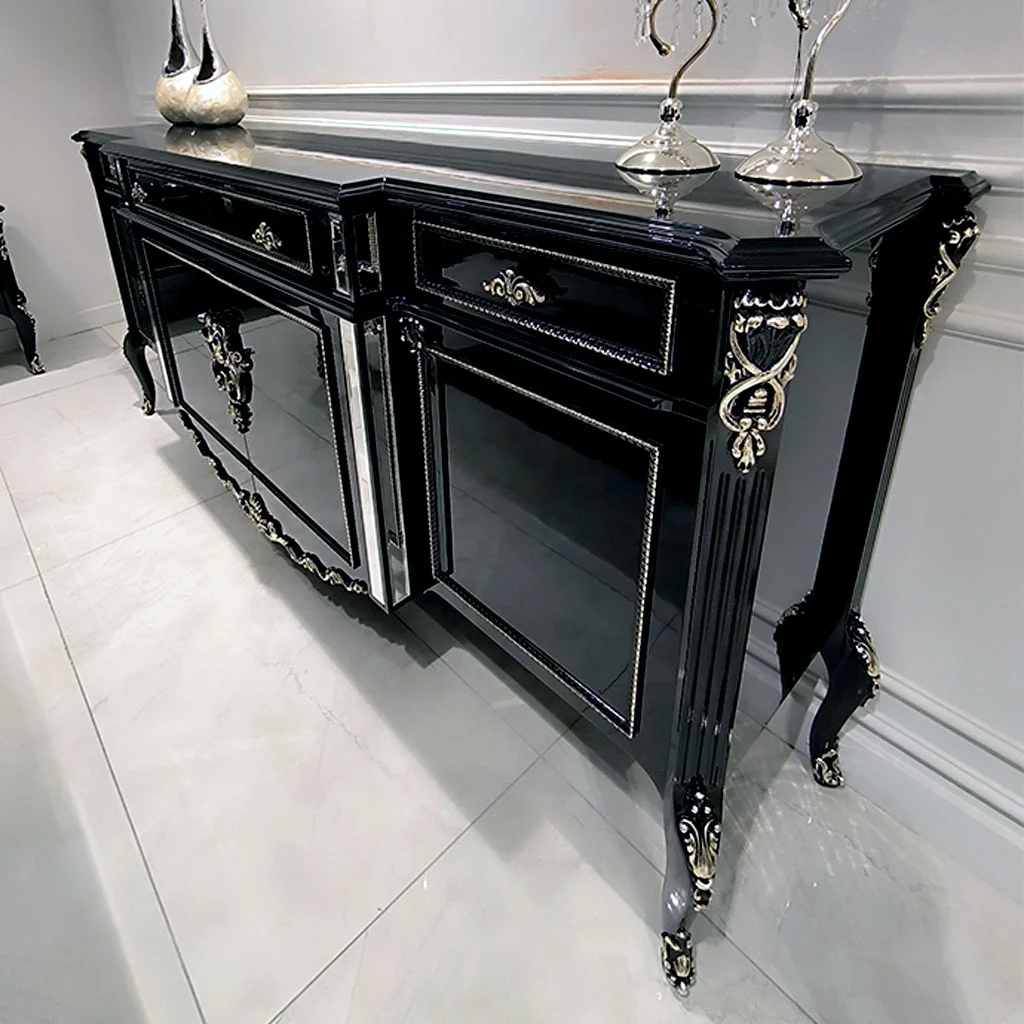 European Black Vintage Baroque Antique Furniture Wooden Sofa Living Room Dining Table Luxury Carving Chair Console Cabinet