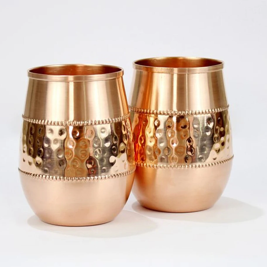 Copper Glass with Base Hammered Shinny Mirror Polished Design 100% Natural Pure Copper Glass and Tumblers