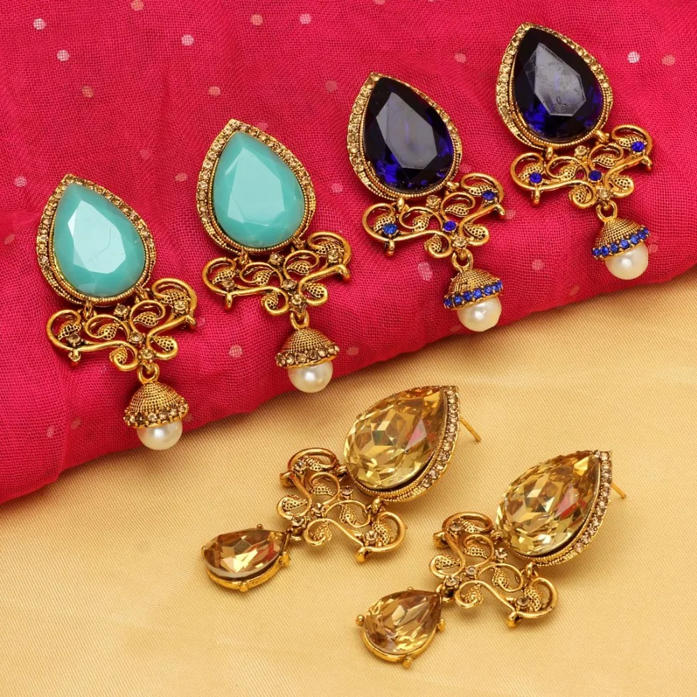 All New Indian Jewelry Multi Color Glass Stone 3 Pair Of Earrings Combo for women and girls