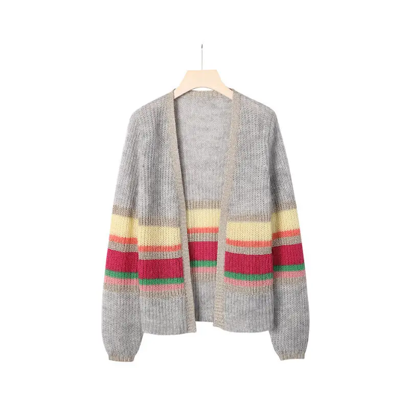 Women colorful striped sweater V-neck open chested long sleeve knitted cardigans & shrug sweaters wholesale