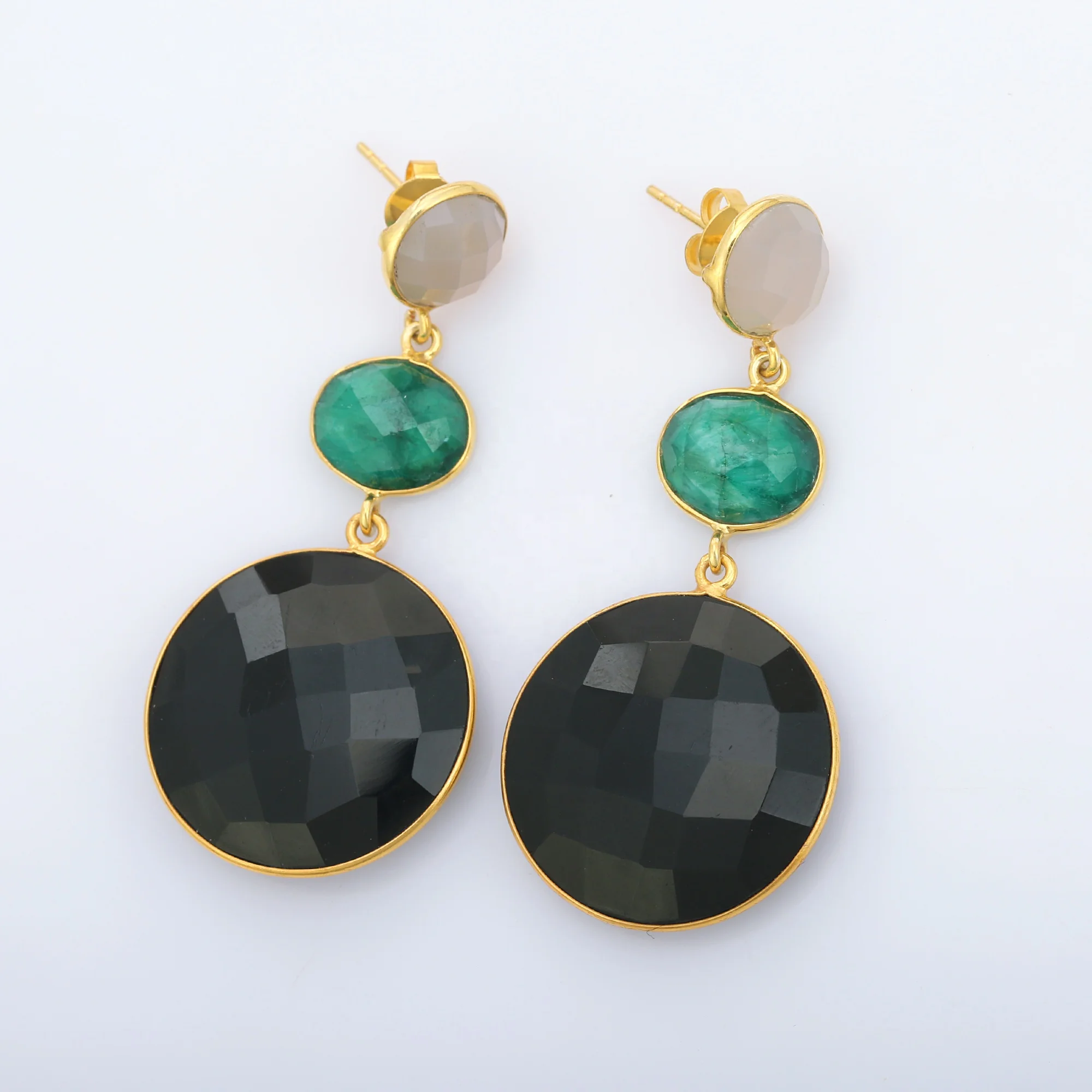 Natural Grey and Dyed Emerald and Beautiful Black Chalcedony Gemstone Long Earring Drop Earring for Women and Girls