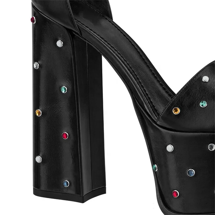 Women Thick Platform Sandals Square Open Toe High Chunky Heels Colorful Diamonds Summer Black  Shoes Custom Colors