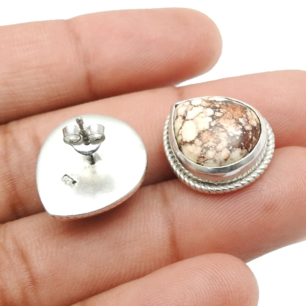 Drop Shape Wild Horse Jasper Bezel Set 925 Sterling Silver Minimalist Design Precious Gemstone Stud Earring Jewelry For Women