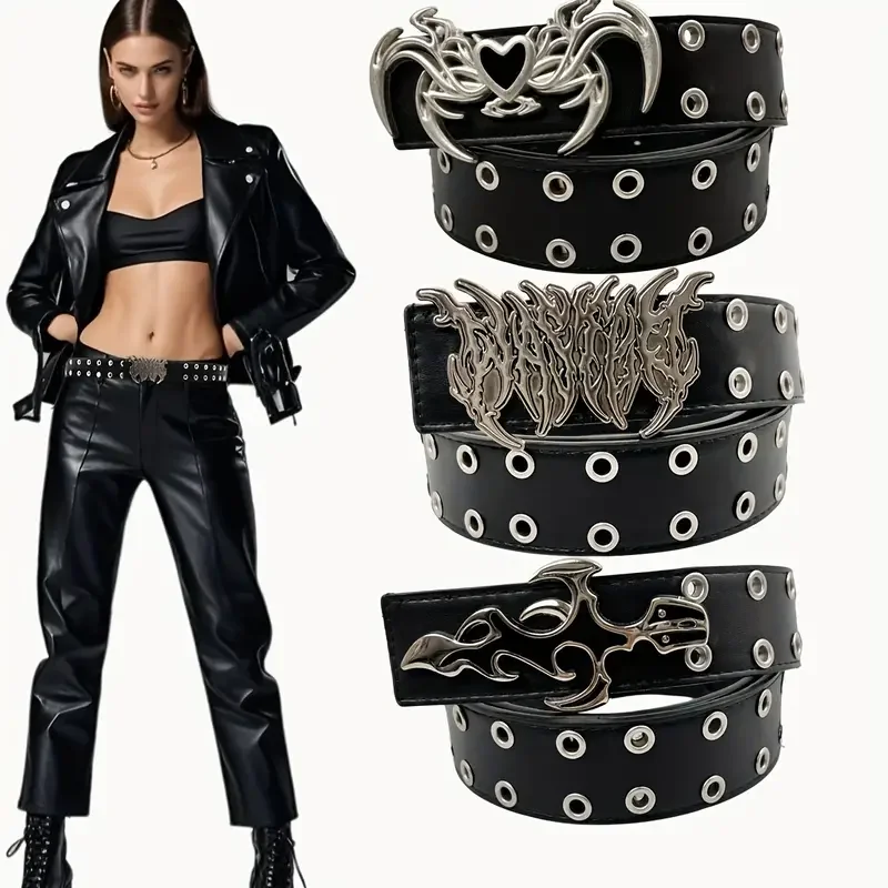 Y2K-Inspired Punk Rivet Studded PU Leather Belt - Hollow Eyelet Design, Perfect for Halloween & Cosplay