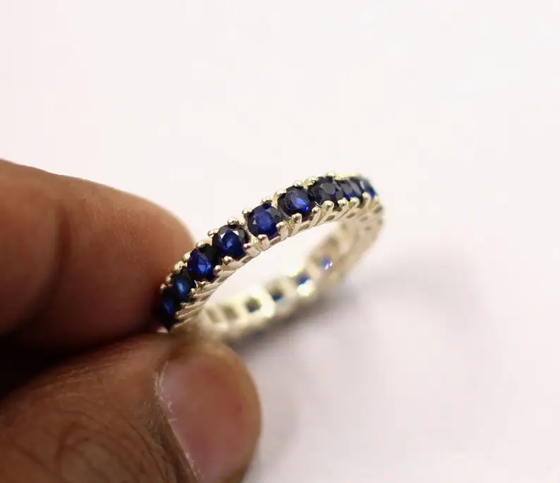 Blue Sapphire Eternity Wedding Band For Women Round Cut Blue Sapphire Engagement Band Ring size 6.5 US Promise Ring