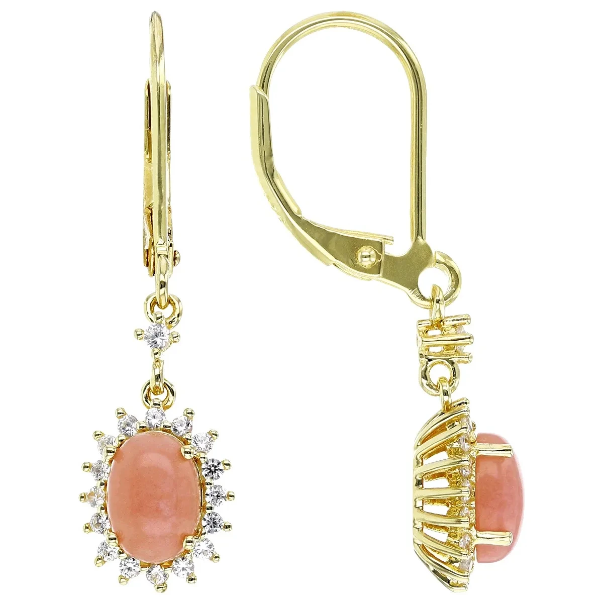 Graceful Radiance: Pink Opal Dangle Earrings in 18K Yellow Gold Over Sterling Silver, Elegance and Allure in Every Swing