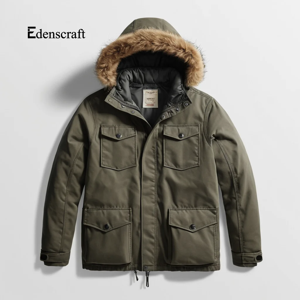 Insulated Fur Hooded Canvas Winter Parka Mens Heavyweight Durable Jacket for Cold Weather Outdoor Comfort