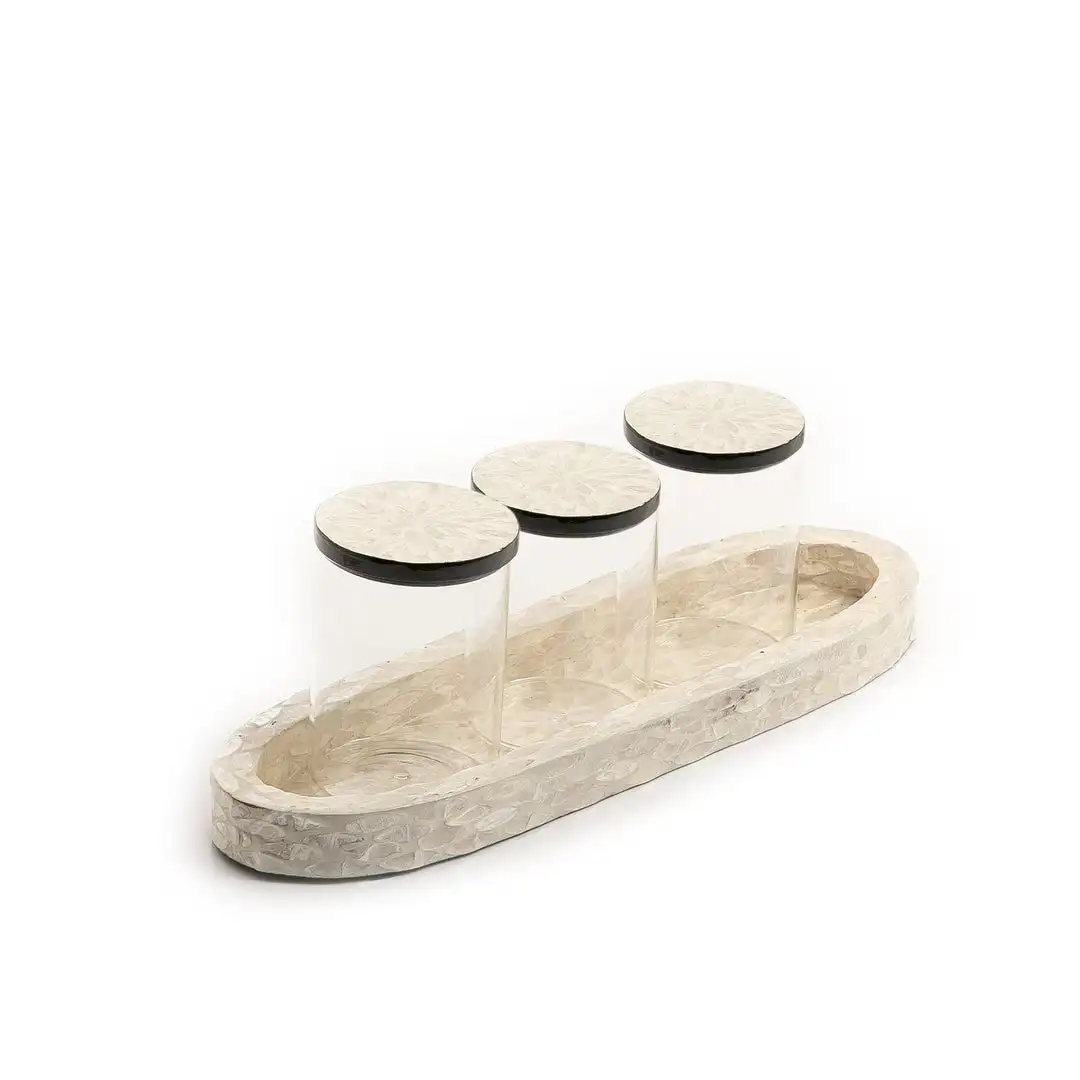 White Mother Of Pearl Serving Tray Platter With Acrylic Jars Durable For Home Kitchen Table Top Decor Storage Serving Use Mop